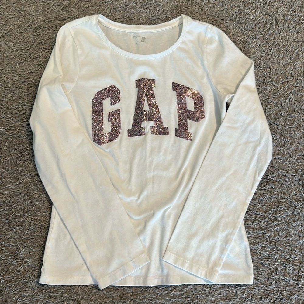 EUC Girls GAP logo LS Shirt, Pink Glitter Letters, Size YXXL (13yrs)
